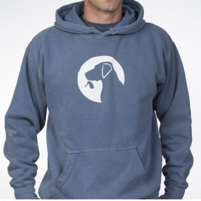 Designated Dog hoodie front denim blue.