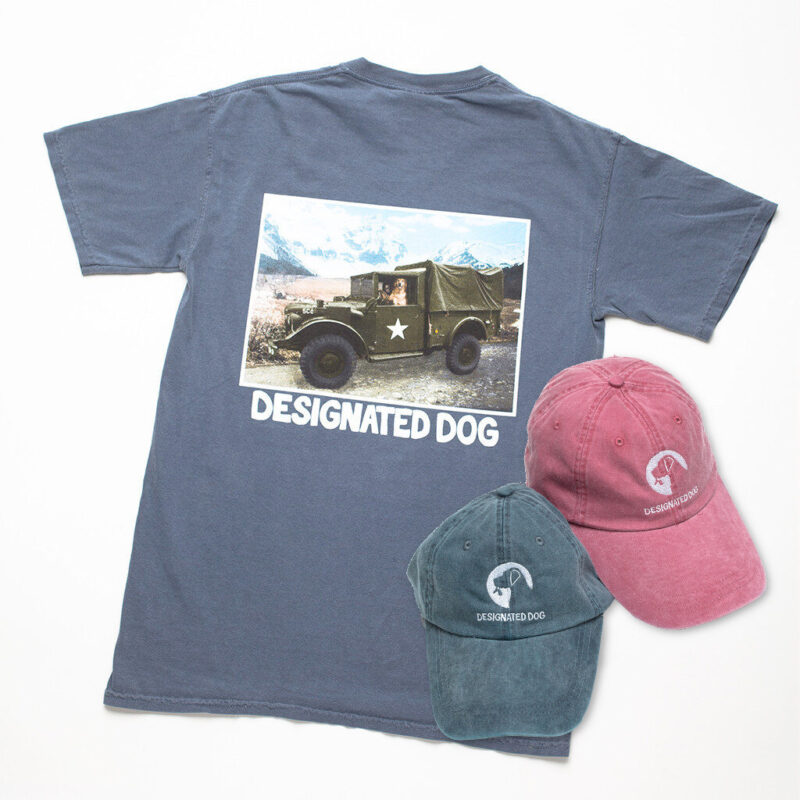 Hat ad tee with dog driving truck.